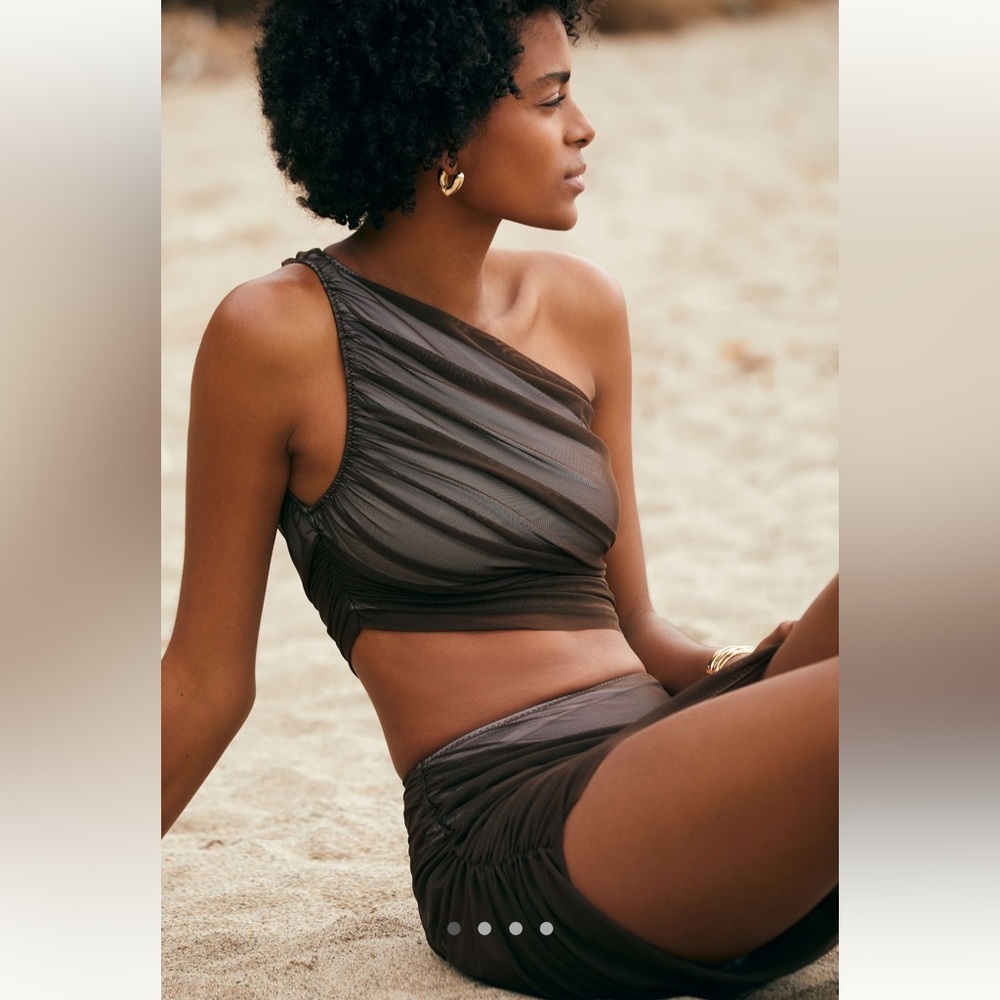 NWT Norma Kamali Mesh One-Shoulder Diana Bikini Top Size Small Chocolate
